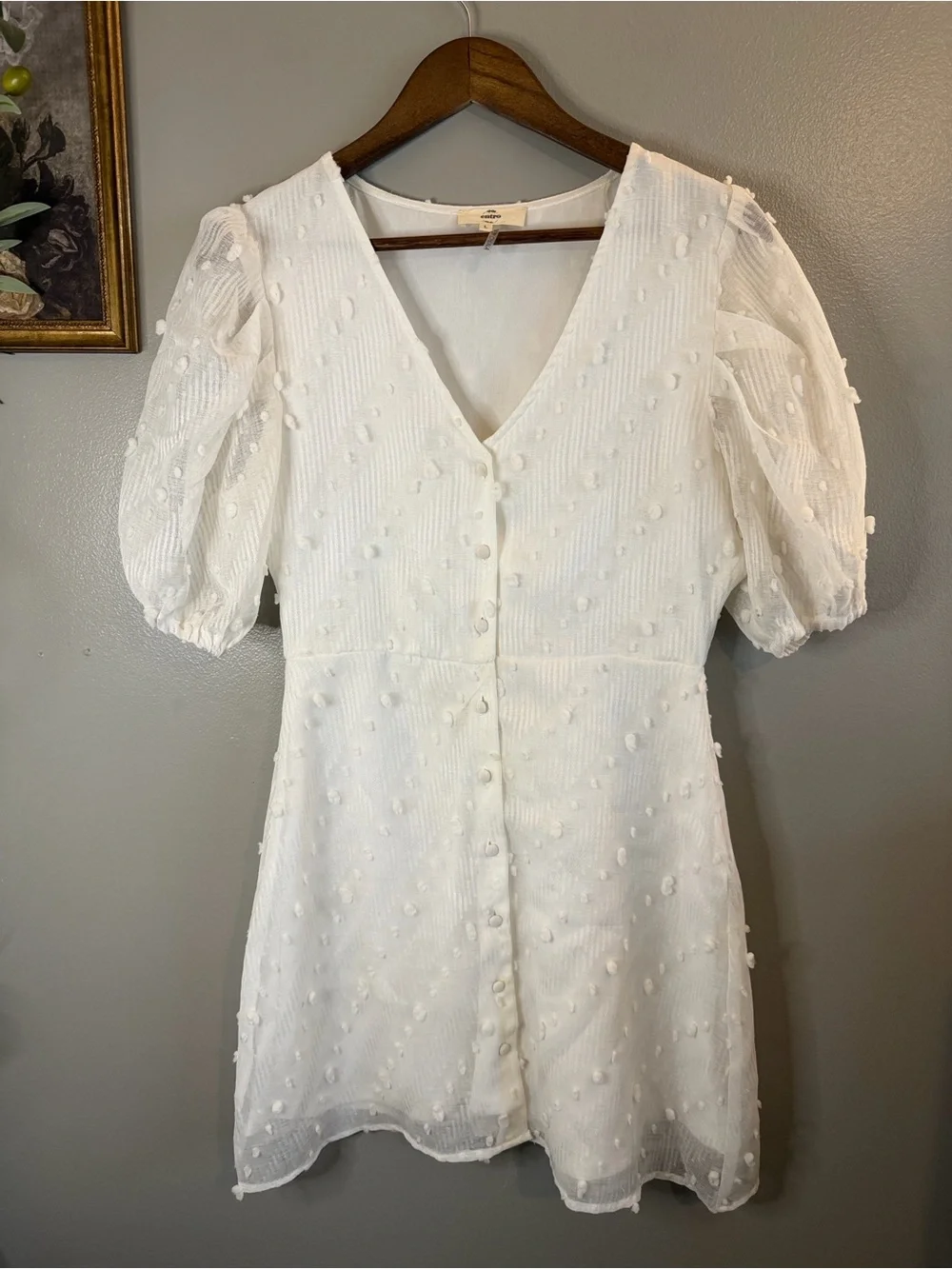 Entro White Swiss Dot Puff Sleeve Mini Dress Size Large - Picture 2 of 8